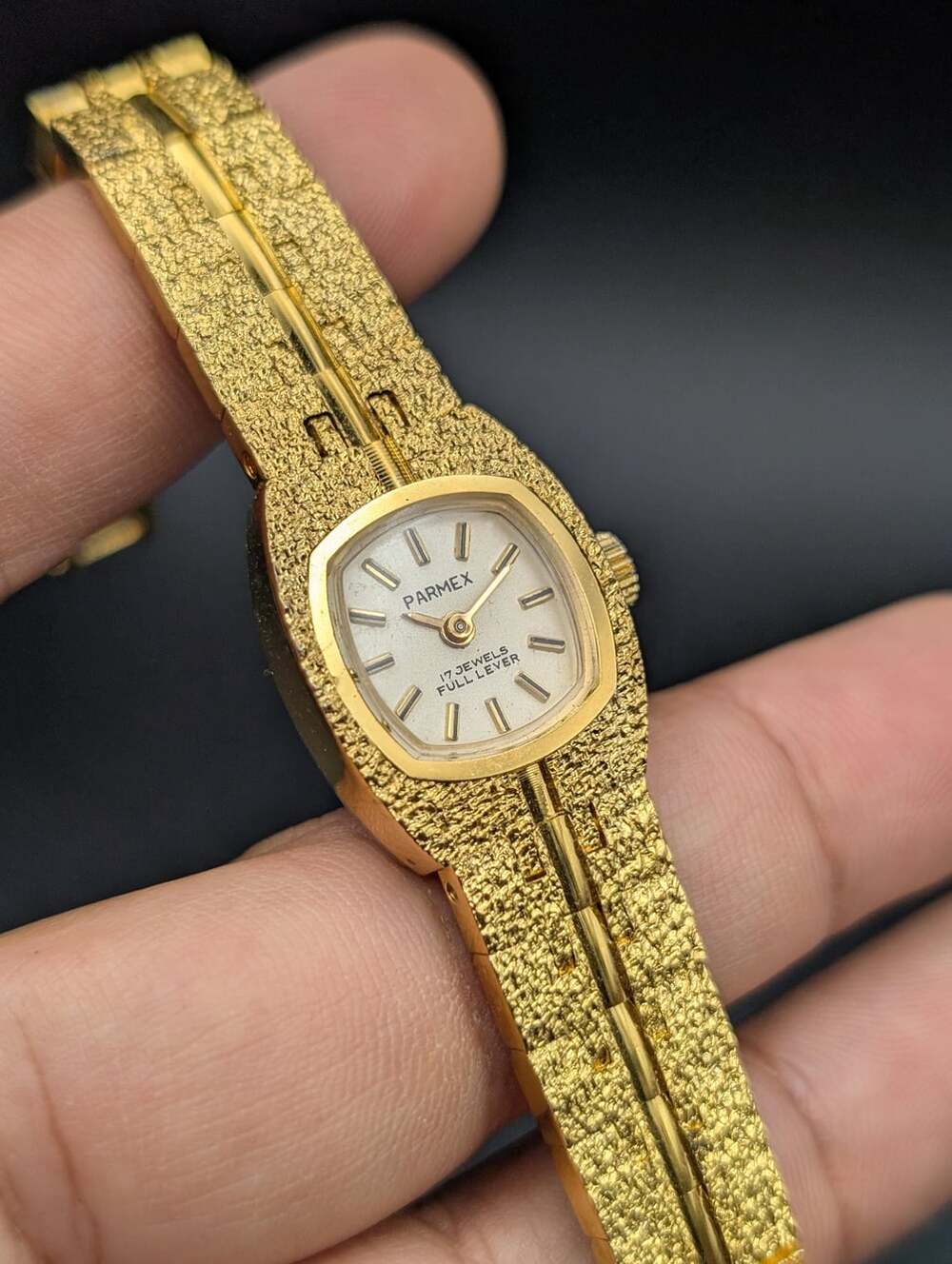 Vintage Parmex Gold-Tone Mechanical Ladies Watch, Textured Integrated Bracelet